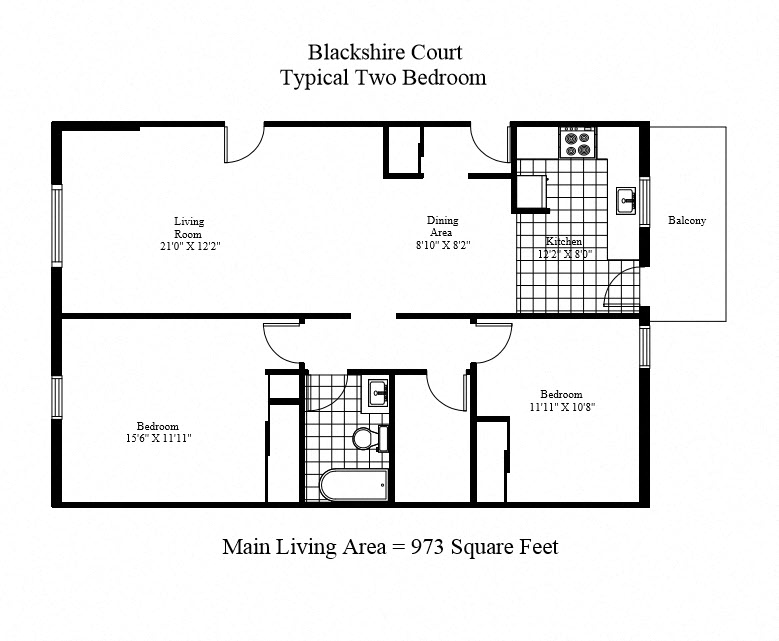 Floor plan for 2 beds, 1 bath, 973 sqft